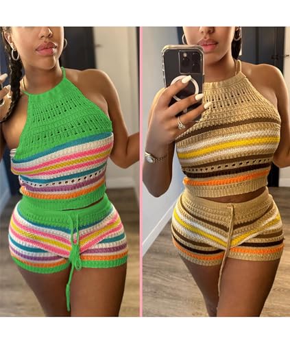 YOOTIKO Women Summer 2 Piece Shorts Set Sexy Crochet Cover Up Color Block Halter Top Beach Tracksuit