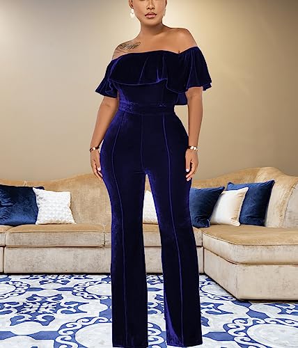 HugeNice Women's Sexy Off Shoulder Ruffle Jumpsuits Elegant Wide Leg Long Pants Clubwear Rompers with Pockets