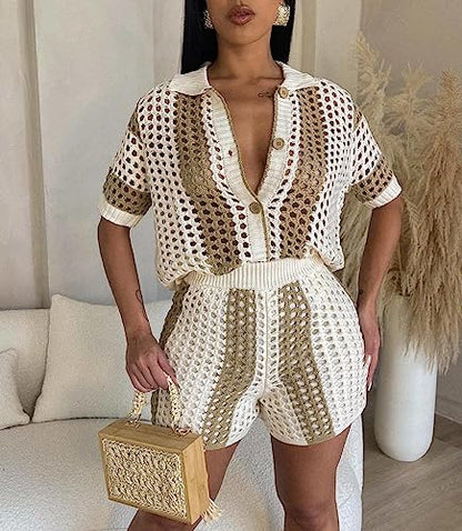 cu4eve Crochet Sets Two Piece Women Summer Causal Knit Short Sleeve Button Down Shirt and Shorts Matching Set Jumpsuit