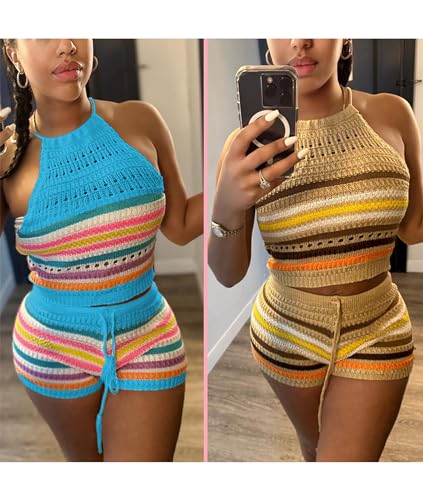 YOOTIKO Women Summer 2 Piece Shorts Set Sexy Crochet Cover Up Color Block Halter Top Beach Tracksuit