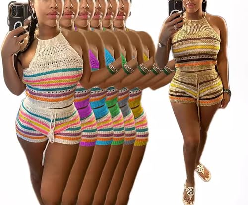 YOOTIKO Women Summer 2 Piece Shorts Set Sexy Crochet Cover Up Color Block Halter Top Beach Tracksuit
