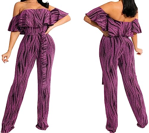 HugeNice Women's Sexy Off Shoulder Ruffle Jumpsuits Elegant Wide Leg Long Pants Clubwear Rompers with Pockets