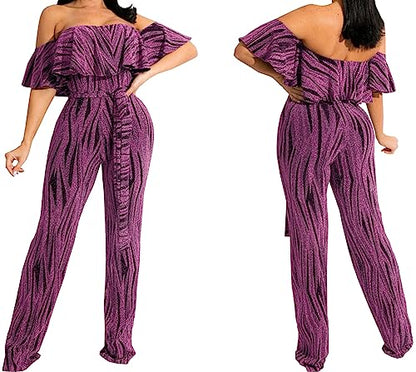 HugeNice Women's Sexy Off Shoulder Ruffle Jumpsuits Elegant Wide Leg Long Pants Clubwear Rompers with Pockets
