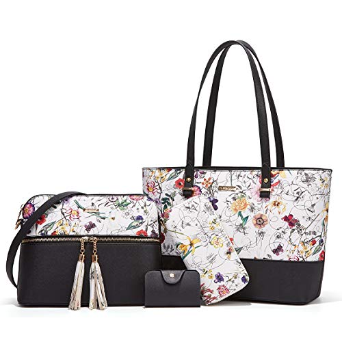 Women Fashion Synthetic Leather Handbags Tote Bag Shoulder Bag Top Handle Satchel Purse Set 4pcs