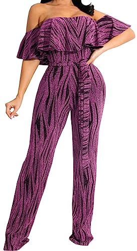 HugeNice Women's Sexy Off Shoulder Ruffle Jumpsuits Elegant Wide Leg Long Pants Clubwear Rompers with Pockets