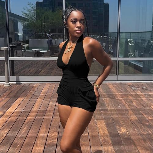 Womens Summer Sleeveless Hanging neck and backless pocket jumpsuit