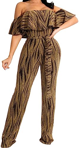 HugeNice Women's Sexy Off Shoulder Ruffle Jumpsuits Elegant Wide Leg Long Pants Clubwear Rompers with Pockets