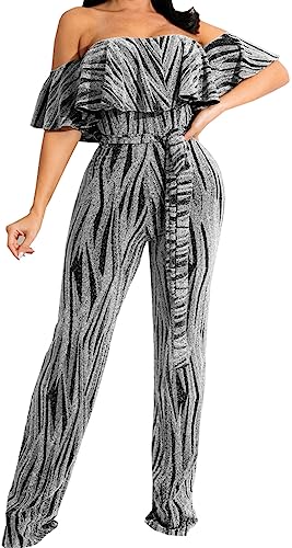 HugeNice Women's Sexy Off Shoulder Ruffle Jumpsuits Elegant Wide Leg Long Pants Clubwear Rompers with Pockets