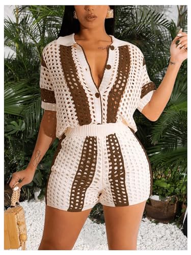 Floerns Women's Two Piece Outfit Knitted Button Down Striped Shirts and Shorts Set