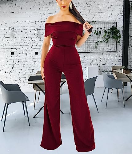 HugeNice Women's Sexy Off Shoulder Ruffle Jumpsuits Elegant Wide Leg Long Pants Clubwear Rompers with Pockets