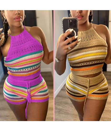 YOOTIKO Women Summer 2 Piece Shorts Set Sexy Crochet Cover Up Color Block Halter Top Beach Tracksuit