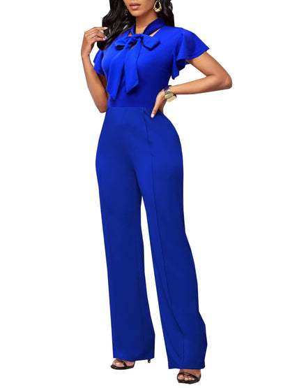 WanMem Jumpsuits for Women Ruffled Sleeveless Romper V-Neck High Waist Loose Long Wide Pants Jumpsuit