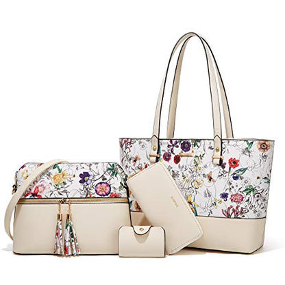 Women Fashion Synthetic Leather Handbags Tote Bag Shoulder Bag Top Handle Satchel Purse Set 4pcs