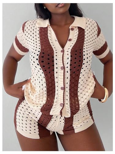 Floerns Women's Two Piece Outfit Knitted Button Down Striped Shirts and Shorts Set