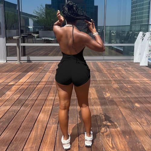 Womens Summer Sleeveless Hanging neck and backless pocket jumpsuit