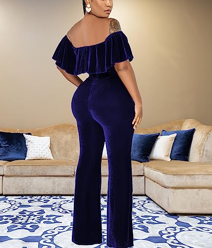 HugeNice Women's Sexy Off Shoulder Ruffle Jumpsuits Elegant Wide Leg Long Pants Clubwear Rompers with Pockets
