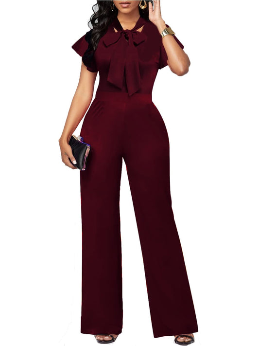WanMem Jumpsuits for Women Ruffled Sleeveless Romper V-Neck High Waist Loose Long Wide Pants Jumpsuit