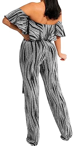 HugeNice Women's Sexy Off Shoulder Ruffle Jumpsuits Elegant Wide Leg Long Pants Clubwear Rompers with Pockets