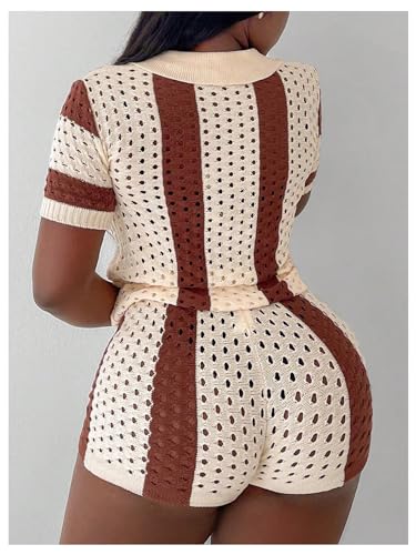 Floerns Women's Two Piece Outfit Knitted Button Down Striped Shirts and Shorts Set
