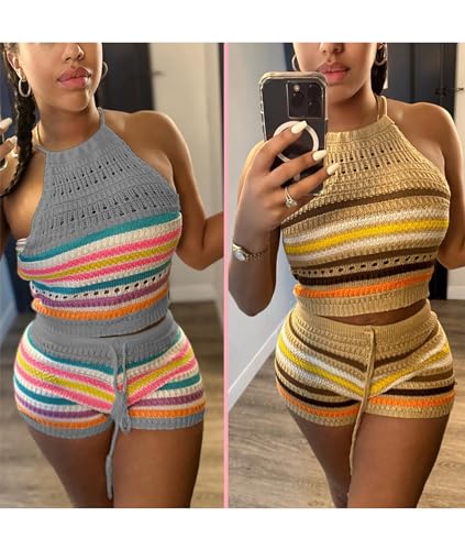 YOOTIKO Women Summer 2 Piece Shorts Set Sexy Crochet Cover Up Color Block Halter Top Beach Tracksuit