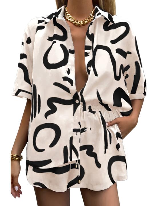 Women's 2 Piece Outfit Sets Summer Beach Casual Printed Shirts and Shorts Lounge Sets