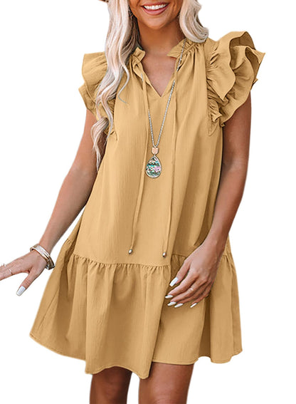 Dokotoo Womens Summer Dresses 2025 V-Neck Drawstring Ruffle Cap Short Sleeve Side Pockets Mini Dress Sundress