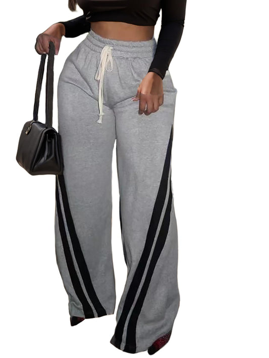 Patchwork Pants for Women High Waist Straight Wide Leg Sweatpants Color Block Striped Track Loose Pants