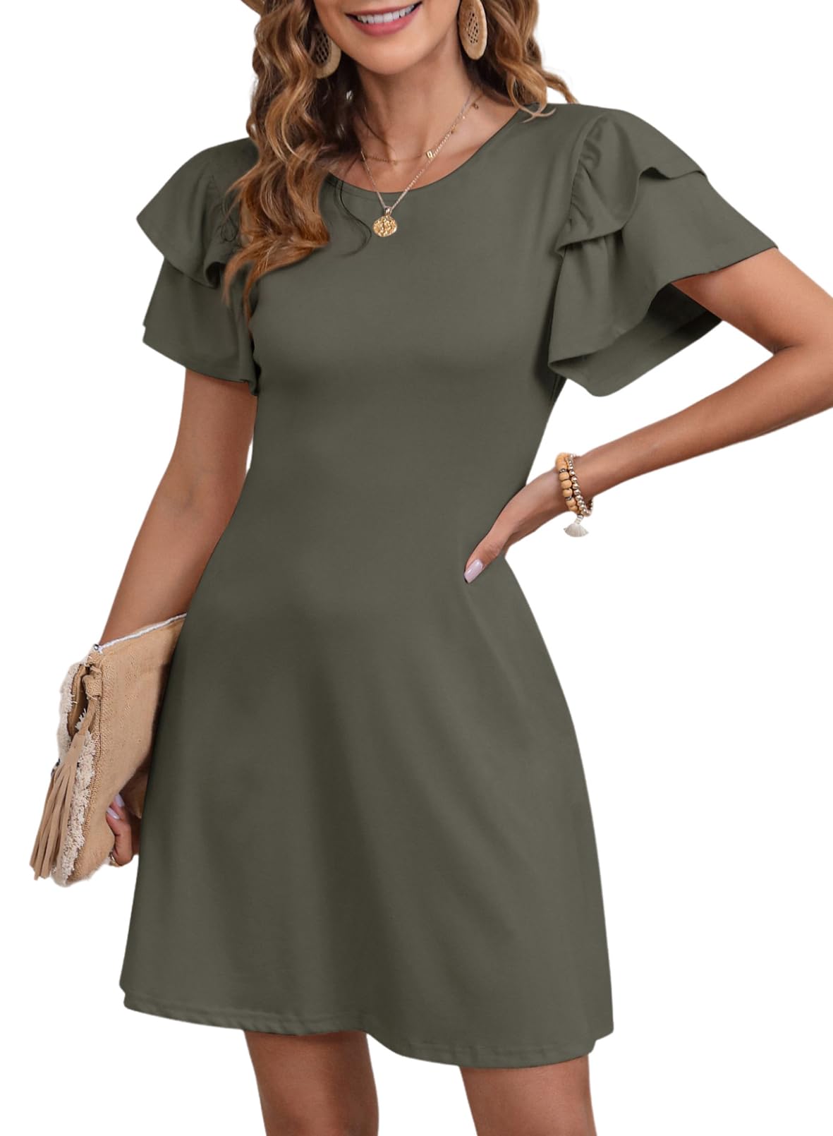 Dokotoo Women 2025 Summer Ruffle Edge Sleeve Dresses Floral Casual Beach Mini Dress with Pocket