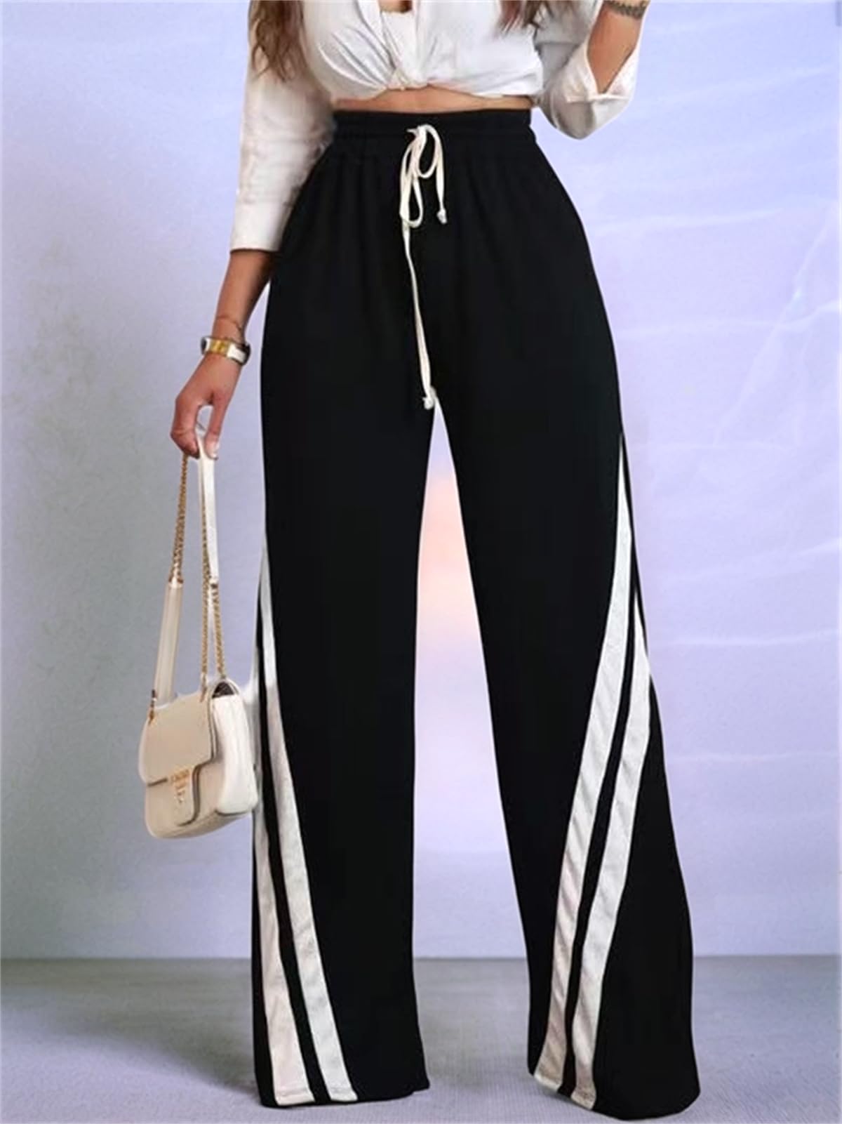 Patchwork Pants for Women High Waist Straight Wide Leg Sweatpants Color Block Striped Track Loose Pants
