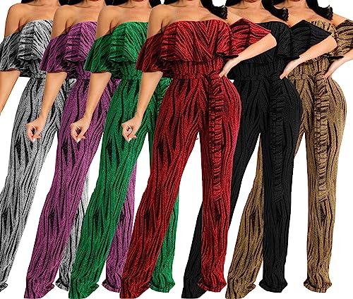 HugeNice Women's Sexy Off Shoulder Ruffle Jumpsuits Elegant Wide Leg Long Pants Clubwear Rompers with Pockets