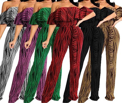 HugeNice Women's Sexy Off Shoulder Ruffle Jumpsuits Elegant Wide Leg Long Pants Clubwear Rompers with Pockets