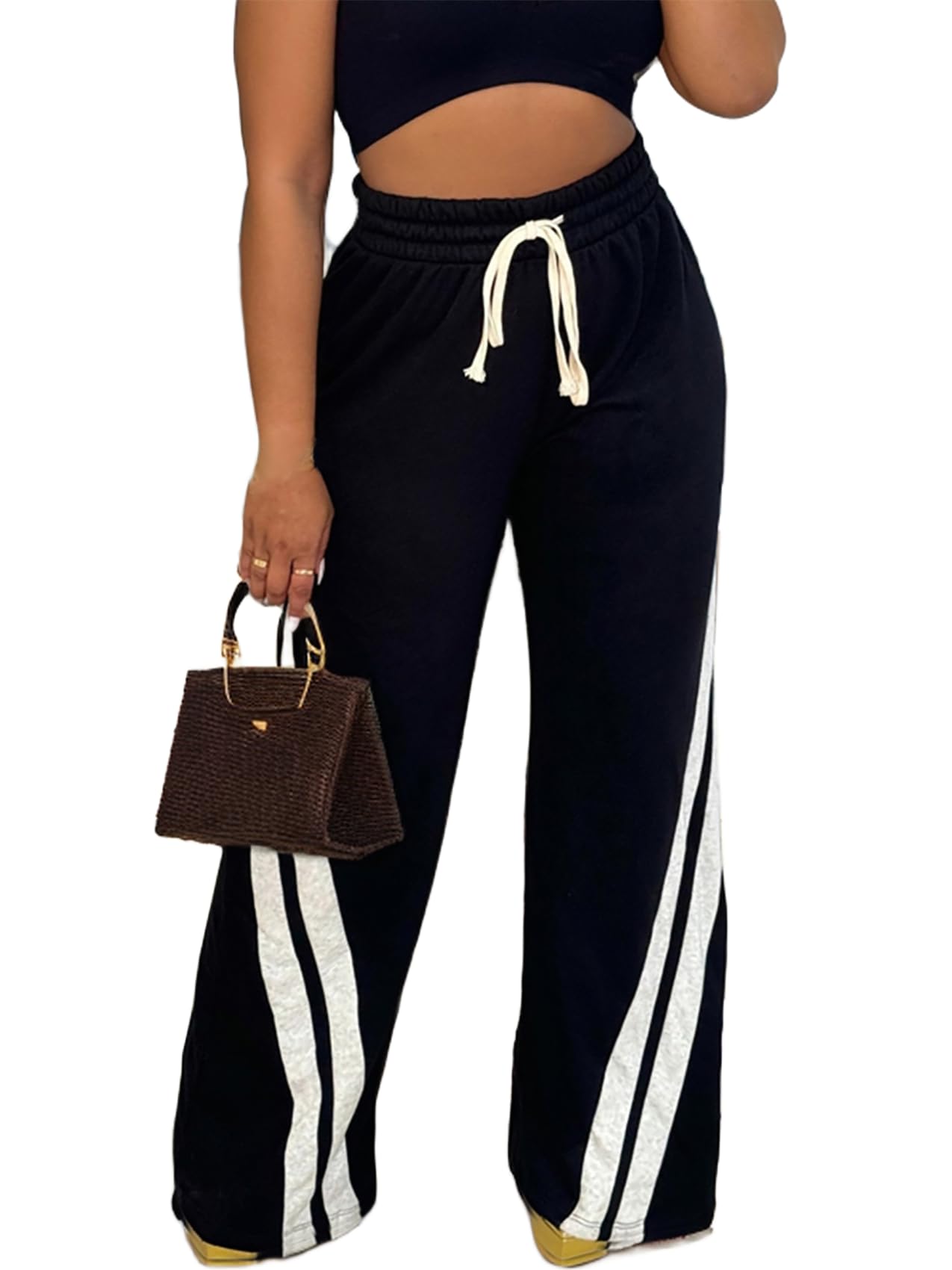 Patchwork Pants for Women High Waist Straight Wide Leg Sweatpants Color Block Striped Track Loose Pants