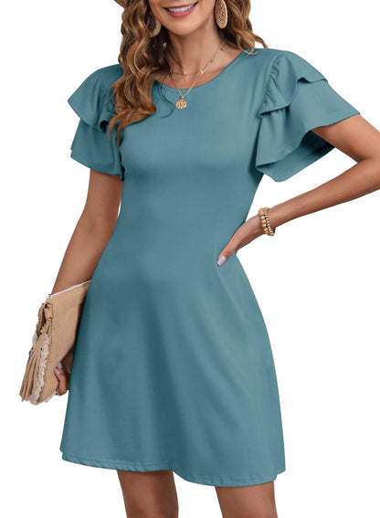 Dokotoo Women 2025 Summer Ruffle Edge Sleeve Dresses Floral Casual Beach Mini Dress with Pocket