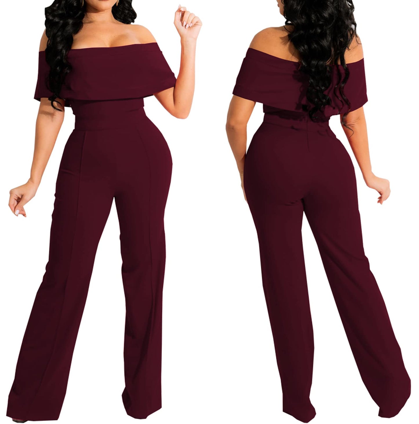 HugeNice Women's Sexy Off Shoulder Ruffle Jumpsuits Elegant Wide Leg Long Pants Clubwear Rompers with Pockets