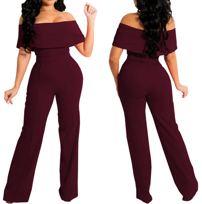 HugeNice Women's Sexy Off Shoulder Ruffle Jumpsuits Elegant Wide Leg Long Pants Clubwear Rompers with Pockets