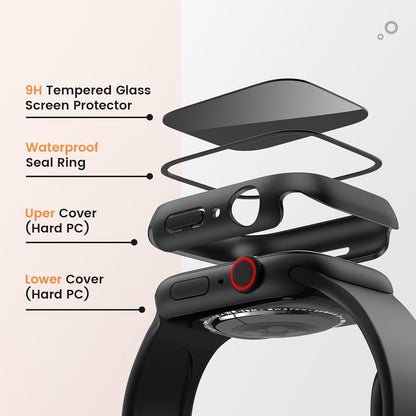 Goton Waterproof Privacy Case for Apple Watch Series 10 SE 9 8 7 6 5 4 Ultra 2 Ultra, Hard PC Bumper Tempered Glass Screen Protector for iWatch Cover Accessories, 46mm Matte Black