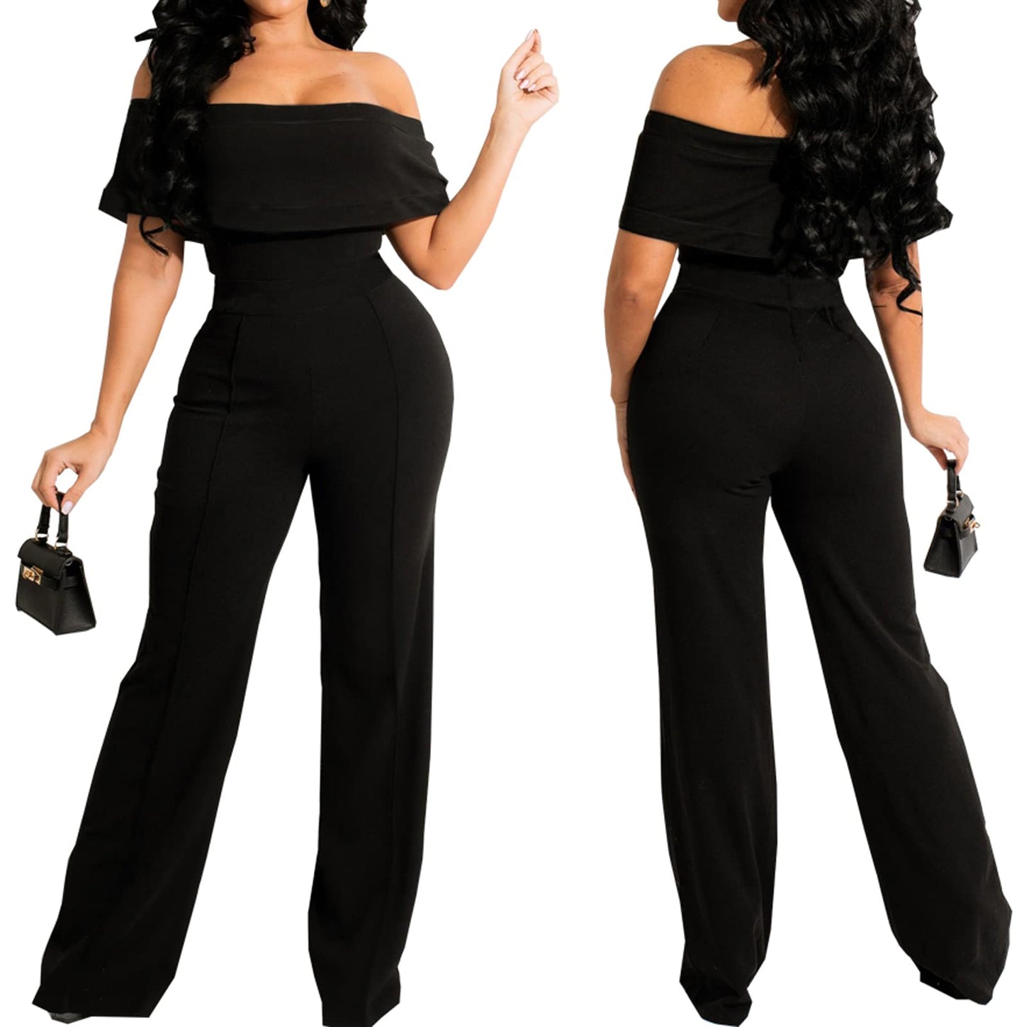 HugeNice Women's Sexy Off Shoulder Ruffle Jumpsuits Elegant Wide Leg Long Pants Clubwear Rompers with Pockets