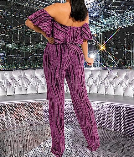 HugeNice Women's Sexy Off Shoulder Ruffle Jumpsuits Elegant Wide Leg Long Pants Clubwear Rompers with Pockets