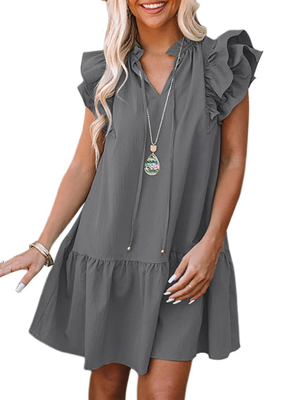 Dokotoo Womens Summer Dresses 2025 V-Neck Drawstring Ruffle Cap Short Sleeve Side Pockets Mini Dress Sundress