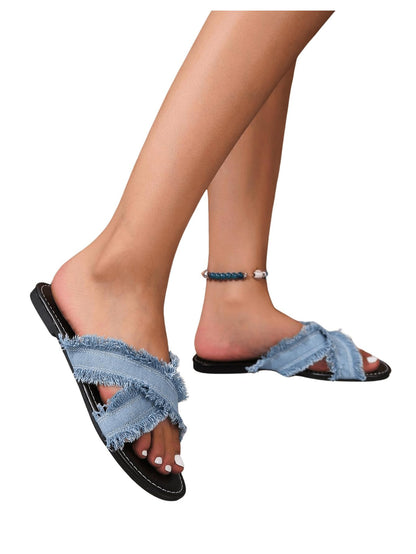 Verdusa Women's Criss Cross Denim Sandals Open Toe Slip On Slide Flats Sandal