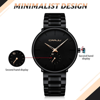 Mens Watches Ultra-Thin Minimalist Waterproof-Fashion Wrist Watch for Men Unisex Dress with Stainless Steel Band-Black Hands