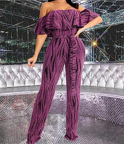 HugeNice Women's Sexy Off Shoulder Ruffle Jumpsuits Elegant Wide Leg Long Pants Clubwear Rompers with Pockets