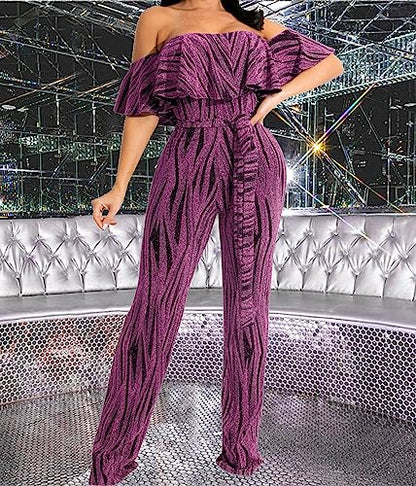 HugeNice Women's Sexy Off Shoulder Ruffle Jumpsuits Elegant Wide Leg Long Pants Clubwear Rompers with Pockets