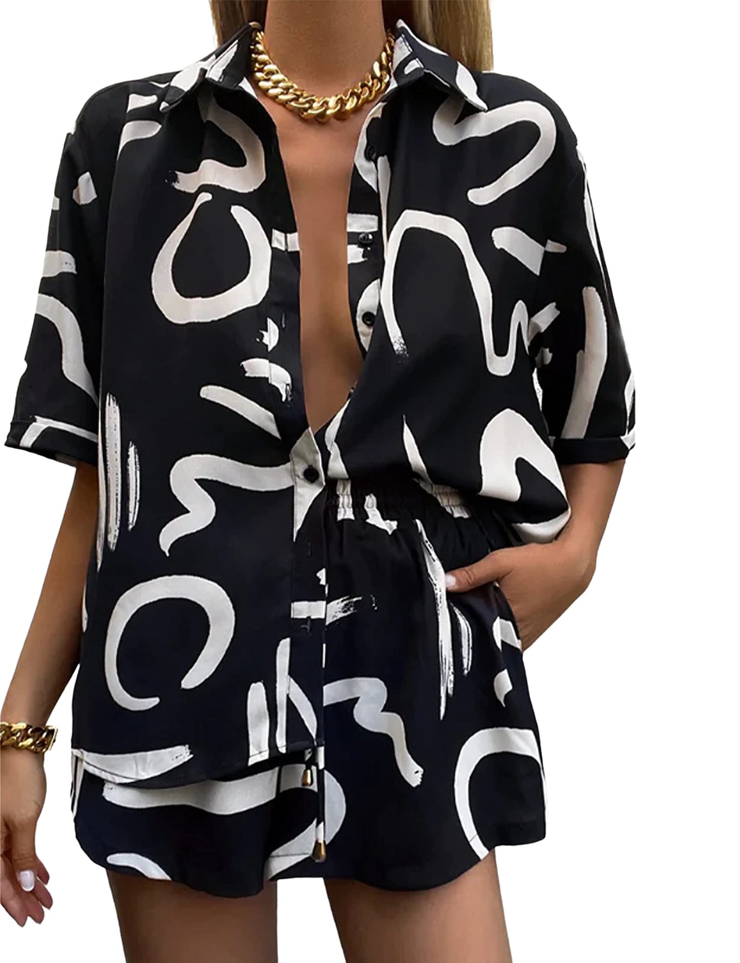 Women's 2 Piece Outfit Sets Summer Beach Casual Printed Shirts and Shorts Lounge Sets
