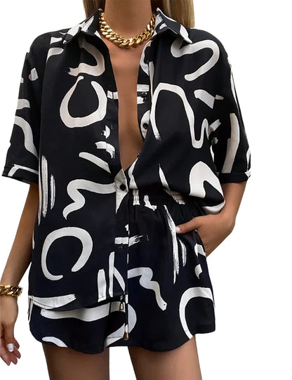 Women's 2 Piece Outfit Sets Summer Beach Casual Printed Shirts and Shorts Lounge Sets