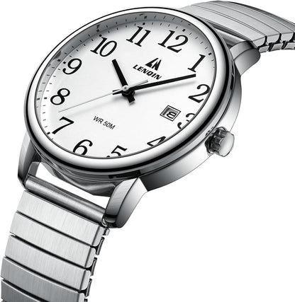 LN LENQIN Mens Watches Easy Read Analog Quartz Sport Waterproof Watch for Men with 38mm Stainless Steel Expansion Band and Glow Dial