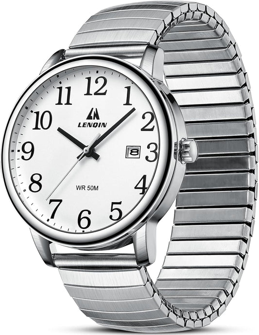 LN LENQIN Mens Watches Easy Read Analog Quartz Sport Waterproof Watch for Men with 38mm Stainless Steel Expansion Band and Glow Dial