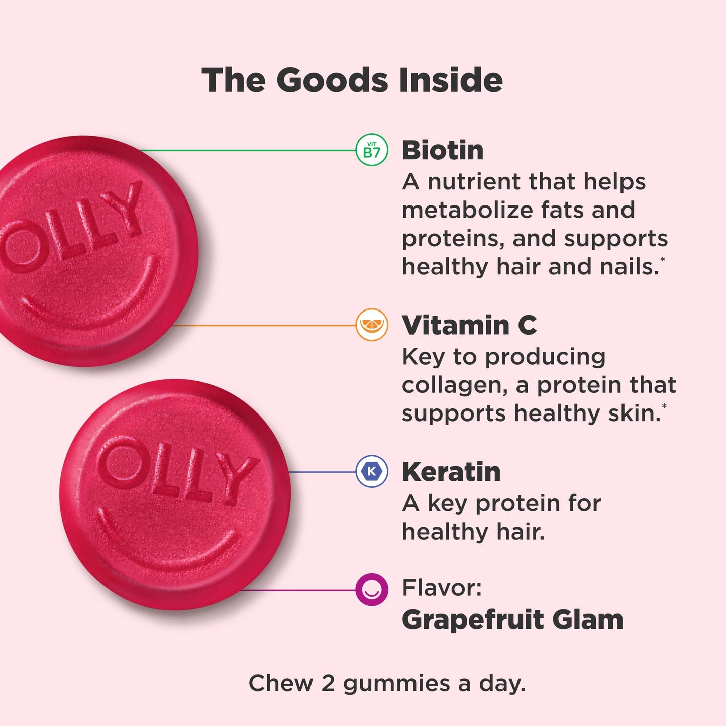 OLLY Undeniable Beauty Gummy, for Hair, Skin, Nails, Biotin, Vitamin C, Keratin, Chewable Supplement, Grapefruit, 30 Day Supply - 120 Count