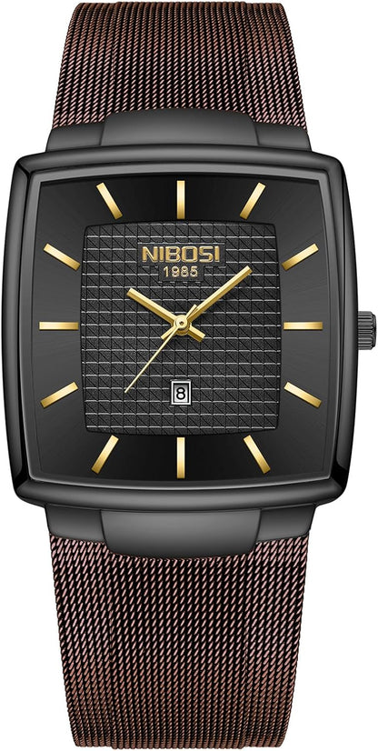 NIBOSI Men Watches Business Square Military Waterproof Sport Analog Quartz Wrist Watch for Men with Stainless Steel Mesh Strap Date Calendar