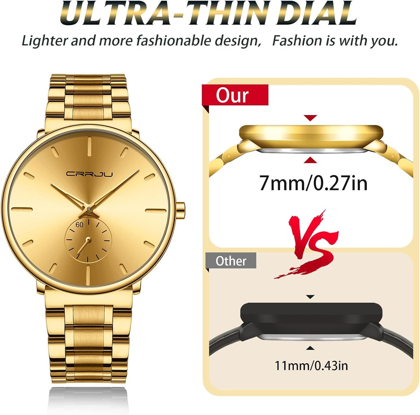 Mens Watches Ultra-Thin Minimalist Waterproof-Fashion Wrist Watch for Men Unisex Dress with Stainless Steel Band-Black Hands
